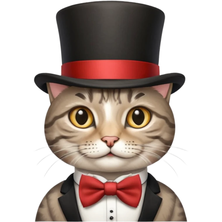 Grey tabby cat in top hat and bow tie emoji