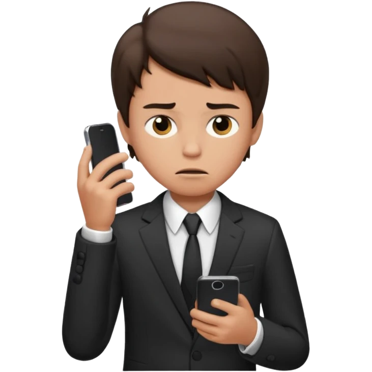 generate a brunette teen boy. dressed formally at work.  calling on a mobile, looking upset emoji