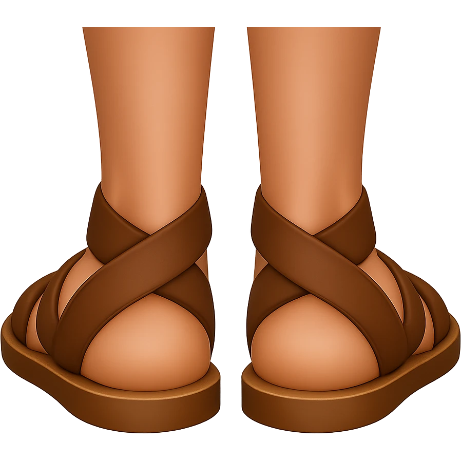 Backview of feet in ancient style sandals, in emoji style with transparent background. emoji