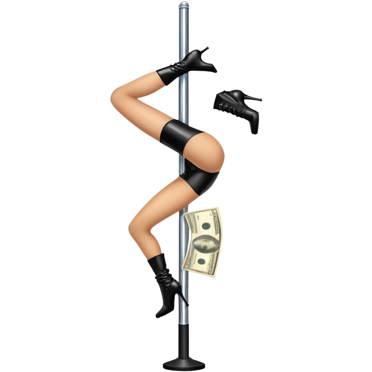 pole dancer on pole, wearing black pleaser bootie, pole dancing boots, with money  emoji