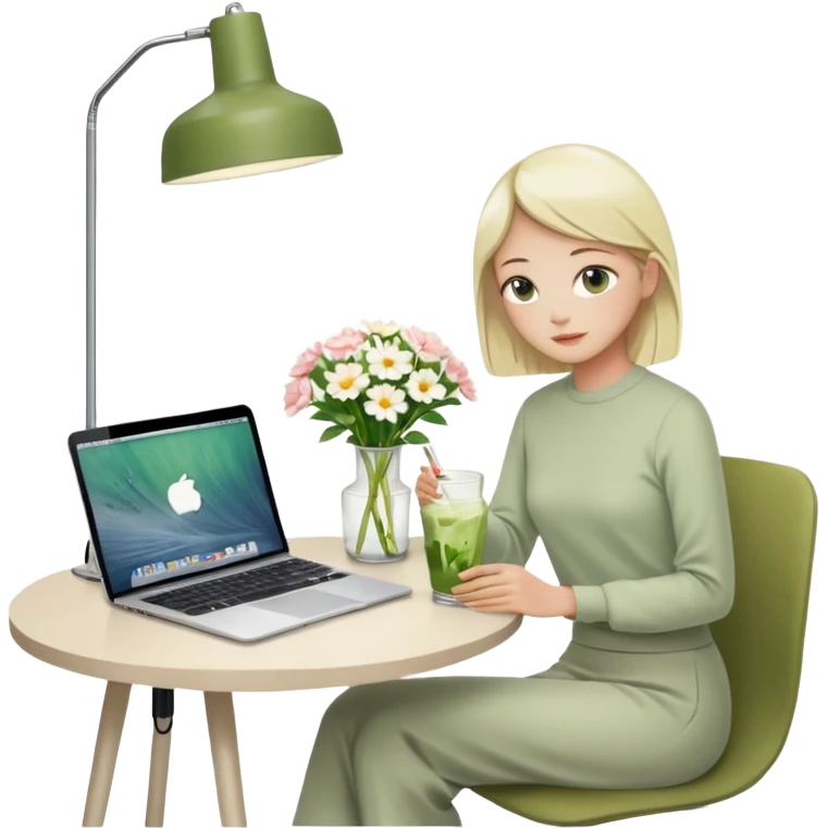 realistic macbook computer, fashion/interior magazines, flowers in a little vase, louis poulsen portable lamp with a dimmed cozy light and a iced matcha. very scandinavian aesthetic emoji