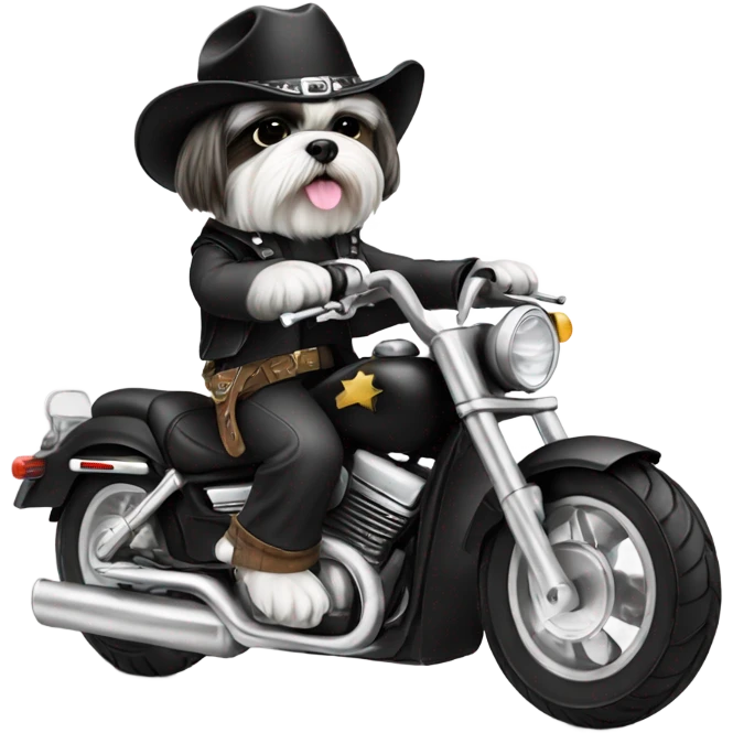 Back and white Shih tzu wearing back cowboy hat riding black motorcycle emoji