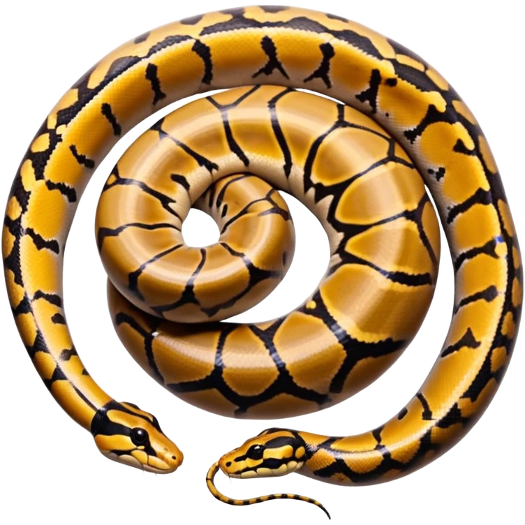 A photo-realistic top-down view of a Ball Python gently coiled into a tight spiral, with its head resting peacefully at the center. Its scales are warm brown with bold, irregular black markings, including the distinctive “alien-head” pattern, flowing smoothly along its body.  emoji
