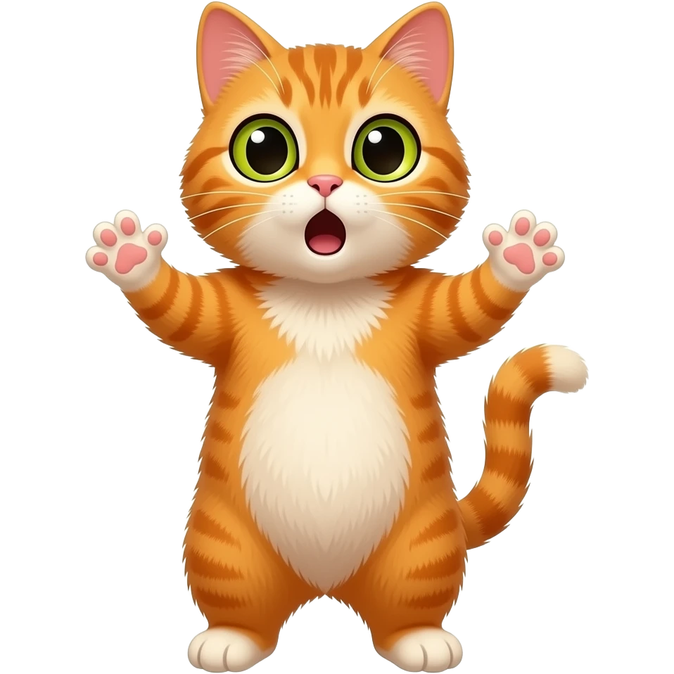 An orange cat standing upright, with hands and arms like a little person, looking very surprised. All his body ia orange. emoji