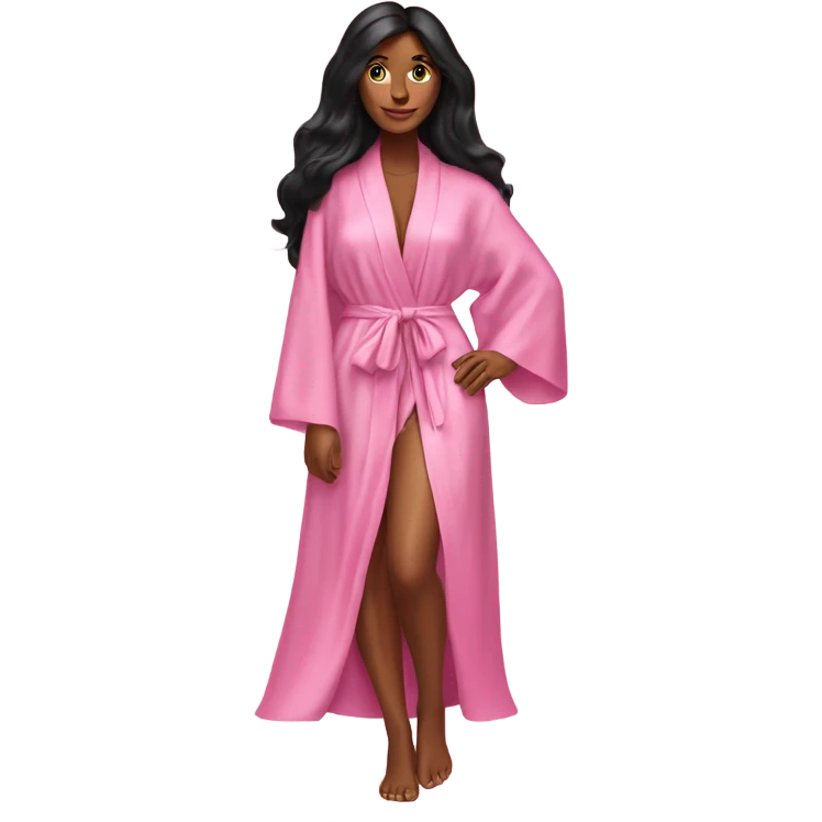 Tanned woman with long black hair wearing a silk pink Victoria’s Secret robe emoji