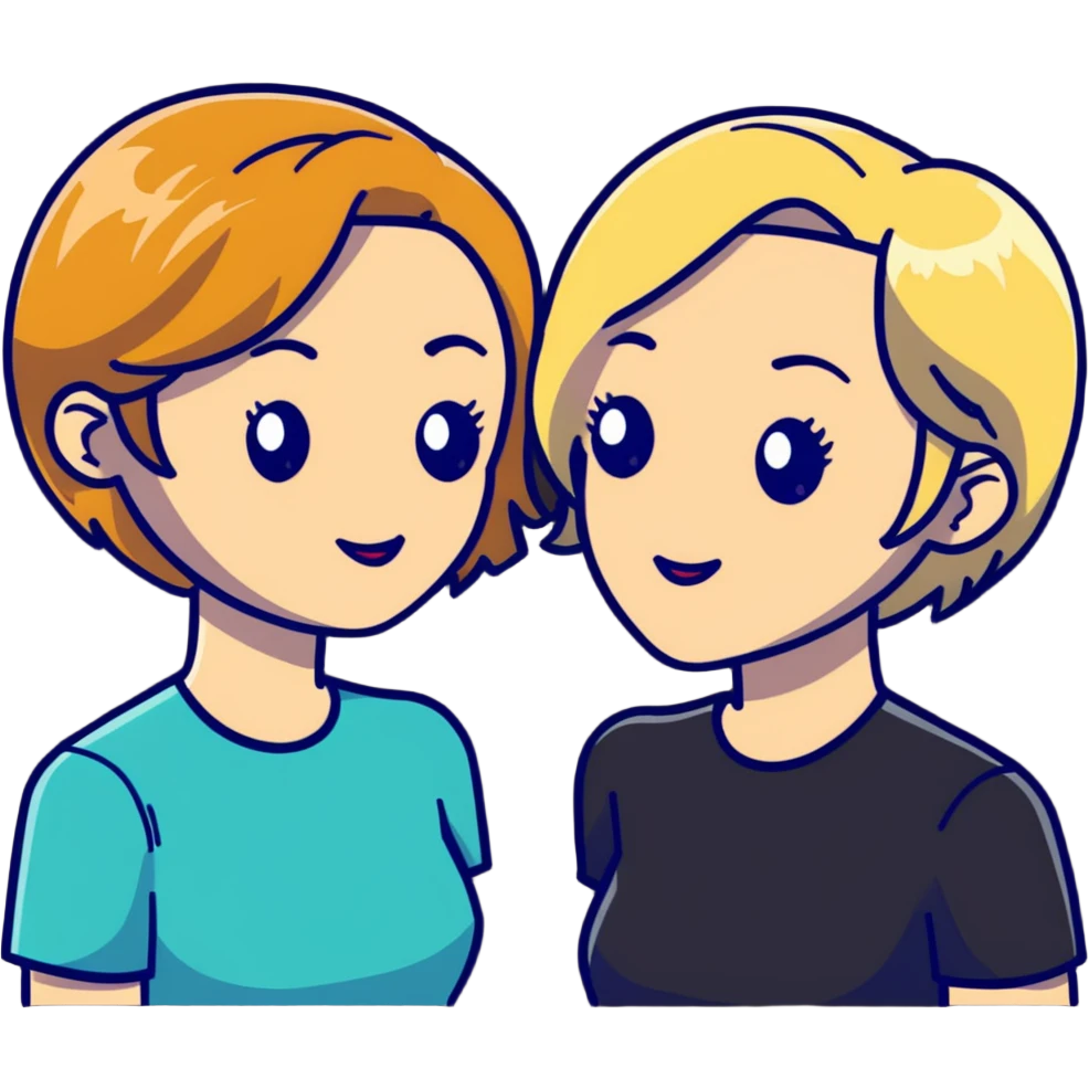 Two women flirting, one with short brown hair and the other with long blonde hair emoji