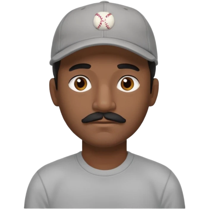A dark-skinned man with a baseball cap, brown eyes, and a thin black mustache. emoji