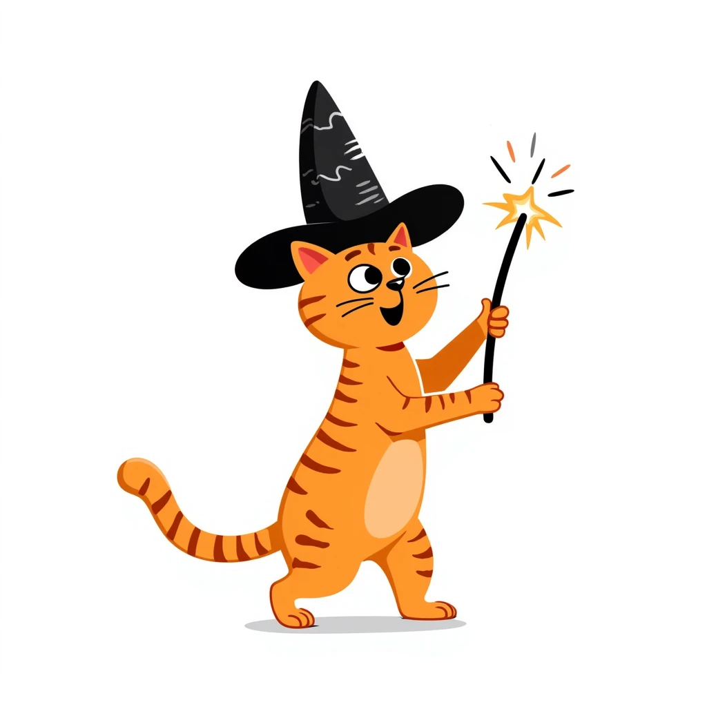 Orange cat wearing a pointy wizard hat and casting a spell with a magic wand emoji