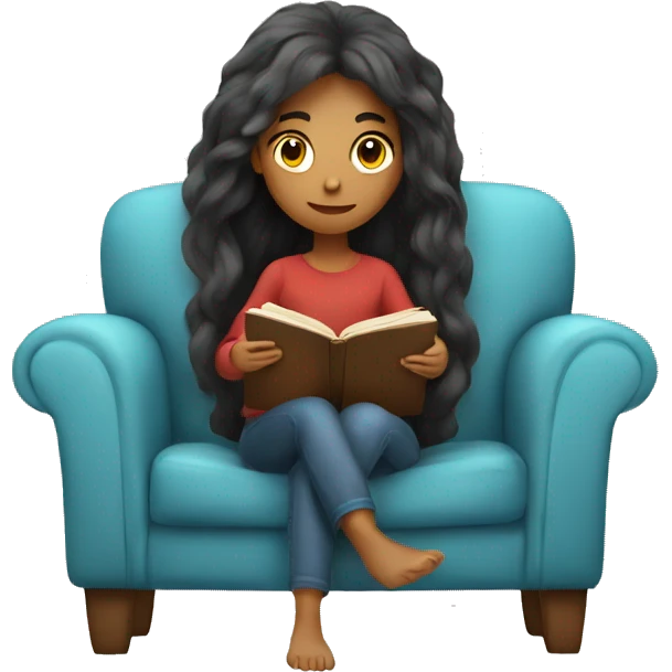 long hair girl reading a book in cozy chair  emoji