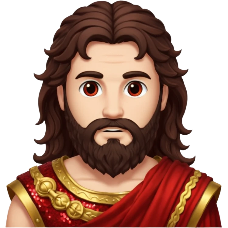 Mars, God of War from Roman Deities with long dark brown wavy hair and beard, deep red sequin toga emoji