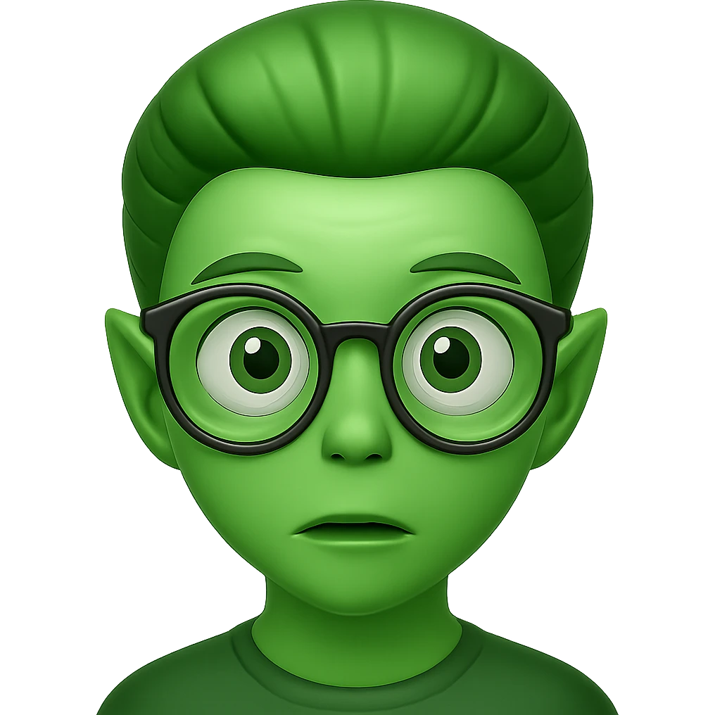 Create an alien with glasses in Apple emoji style with green skin and no background. The style should mimic Apple emojis. emoji