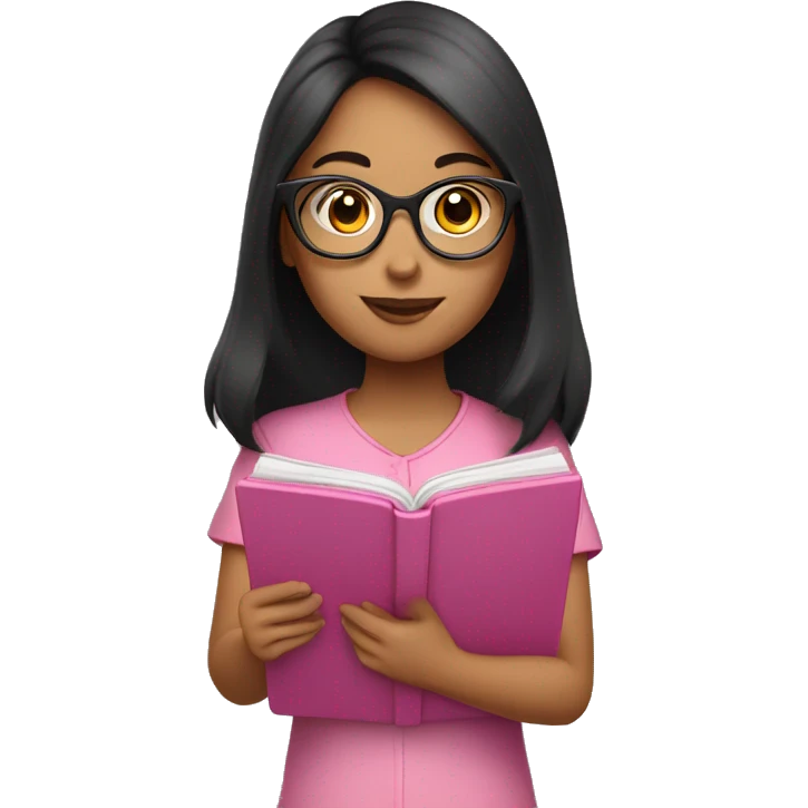 girl with glasses and dark hair reading on a pink tablet emoji