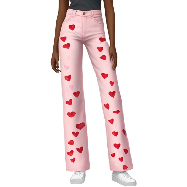 Realistic long Wide leg high waisted pink jeans with small red hearts print, isolated emoji