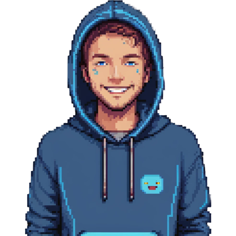 pixel art of a man with blue hoodie, smiling, eyes blinking, minimal background emoji