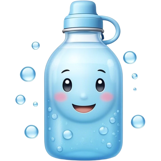 Cute Kawaii Water Bottle, round and bubbly, soft blue with tiny water droplets around, a happy smiling face, gentle glowing highlights, fresh and refreshing vibes! emoji