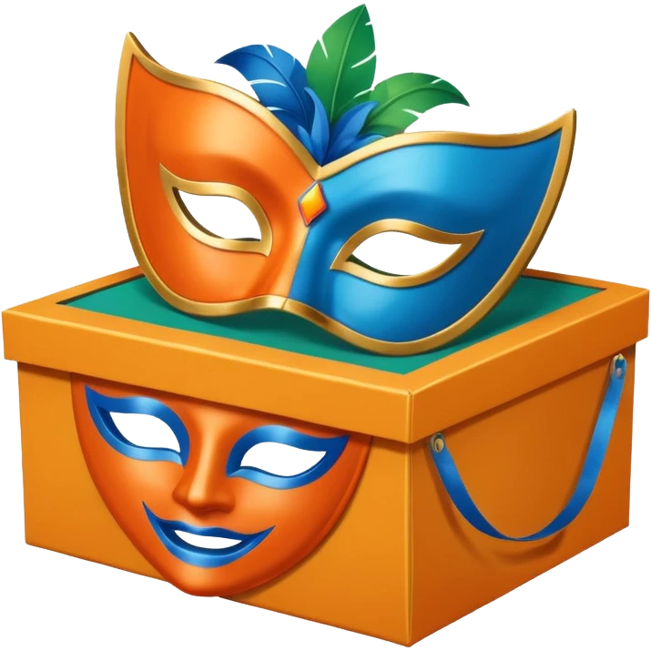 a box and a carnival mask in orange, blue and green on top of it , trying to make a carnival pack emoji