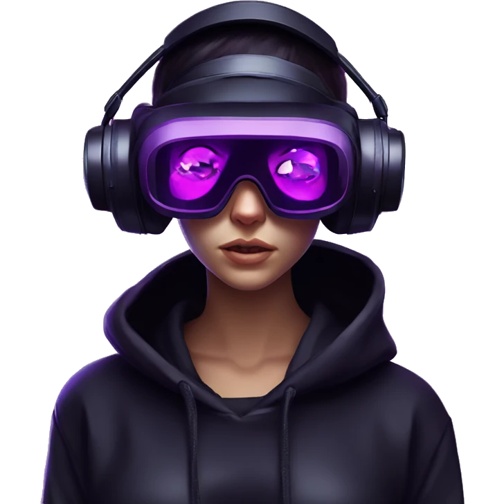 Russian girl wearing black hoody with violet letters "OMG", in vr headset. Cyberpunk style. Violet neon. emoji