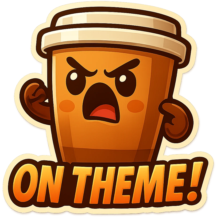 Tall coffee cup, eyebrow furrow, yelling "ON THEME!" emoji