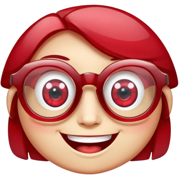 A single crystal gemstone character wearing glasses, chunky and irregular with faceted sides, [red], big glossy eyes behind the glasses and a wide happy smile, , high detail, soft lighting, centered on a plain dark background emoji
