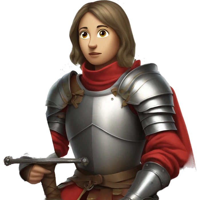 Joan of arc in medieval armor kneels, looking upward, with hands resting on a sword. They're dressed in a red garment under the armor. emoji