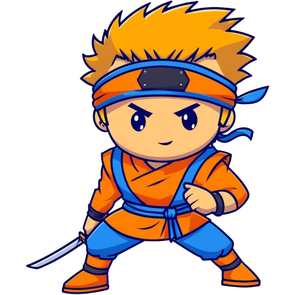 A blonde ninja boy with spiky hair, whisker marks on cheeks, orange outfit, and blue headband with metal plate emoji