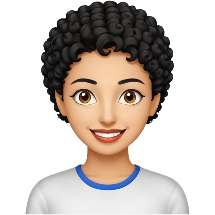 30 year old iranian woman very short curly black hair, big brown eyes, tanned skin, big smile, white teeth, pretty, stylish, shorter hair, boy cut hair emoji