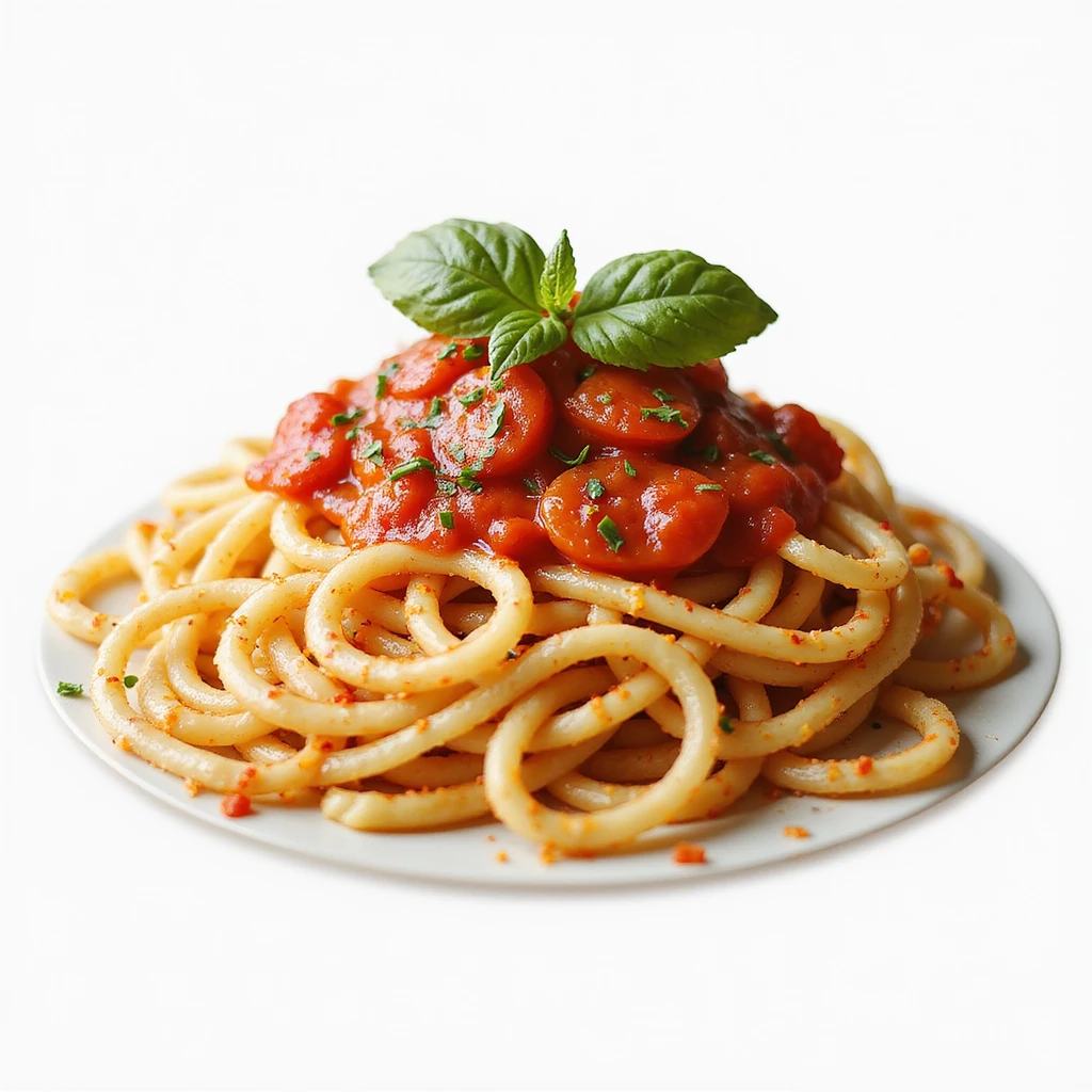 spaghetti pasta, realistic style, appetizing, detailed noodles, tomato sauce, food illustration emoji