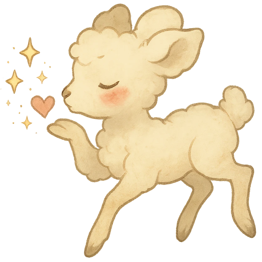 ghibli-inspired vanilla cloud doe, floating, with rosy cheeks, blowing a kiss with sparkles, soft and dreamy emoji