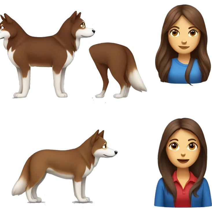 Long Brown hair woman sitting with a red husky with blue eyes emoji