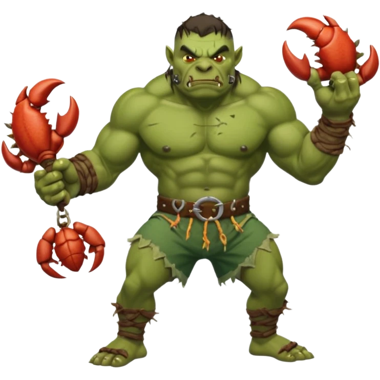 orc male flexing with giant crab. Torn net shorts, claw trophy belt emoji