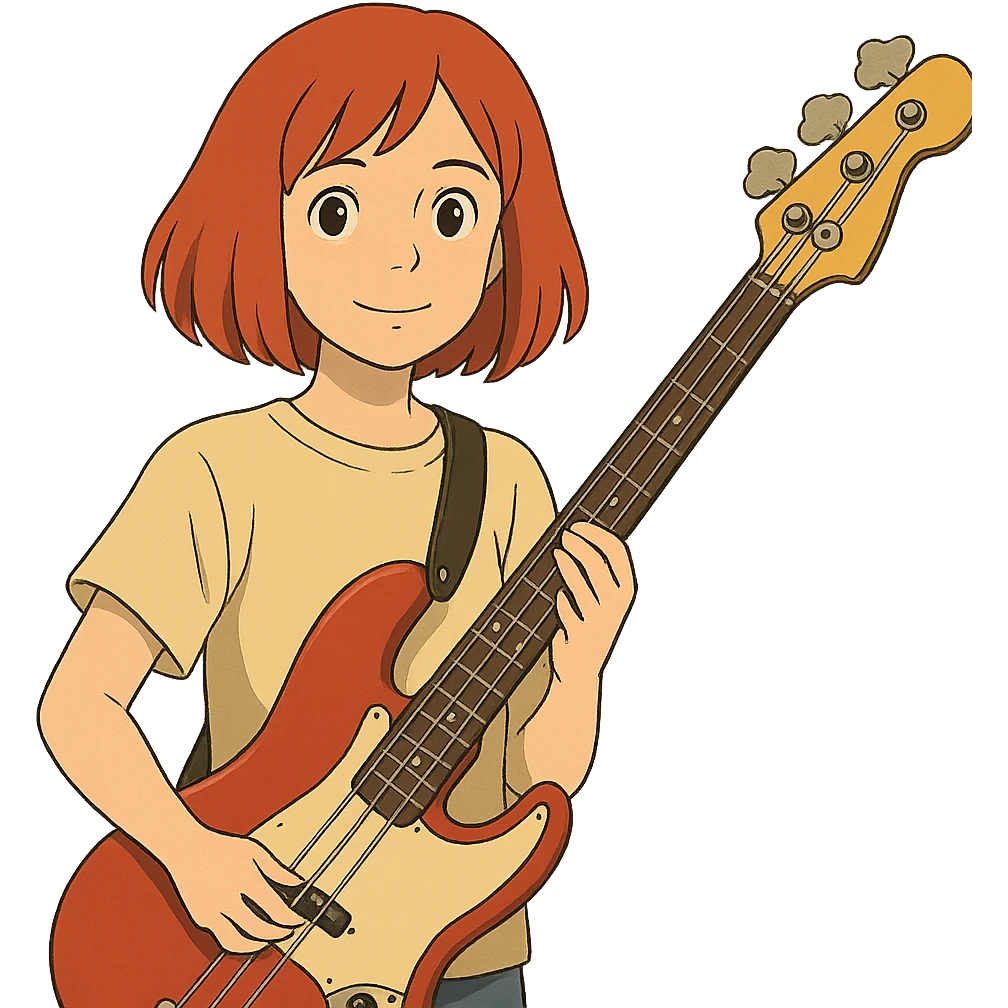 girl with red hair and red bass guitar, long bob hairstyle emoji