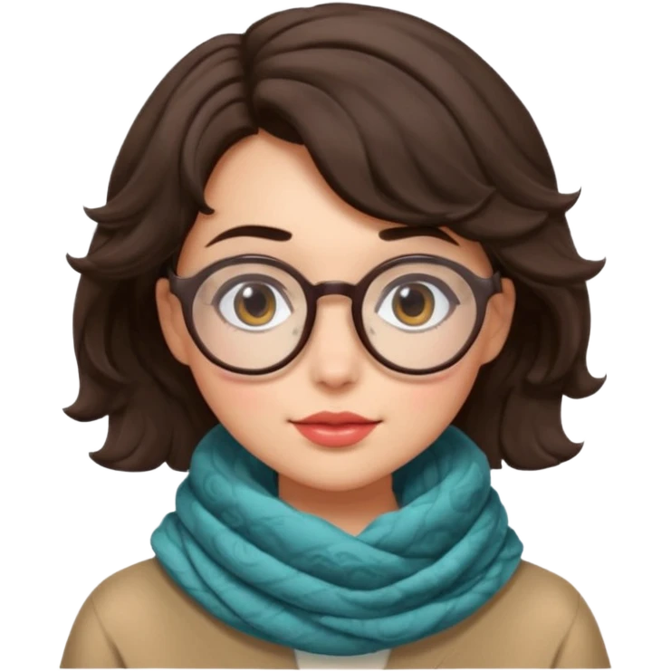 A shy brunette hair wavy short hair woman with big round glasses and thick scarf, blushing from the cold. emoji