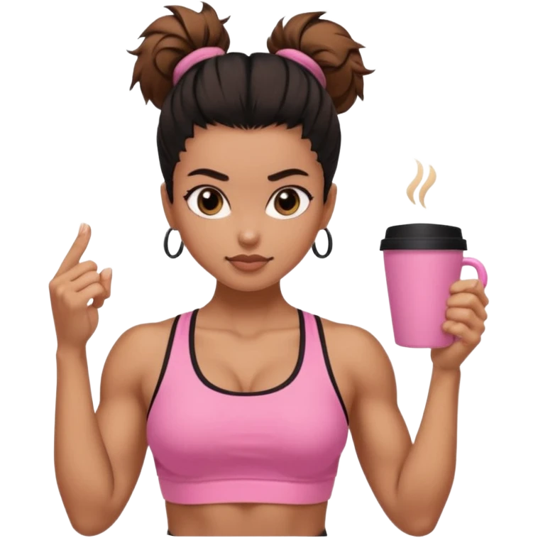 Caramel skinned toned female with a black messy bun for hair. Her eyes are a coffee color brown and almond shaped. She’s wearing a pink sports bra and showing off her flexed muscular toned biceps. emoji