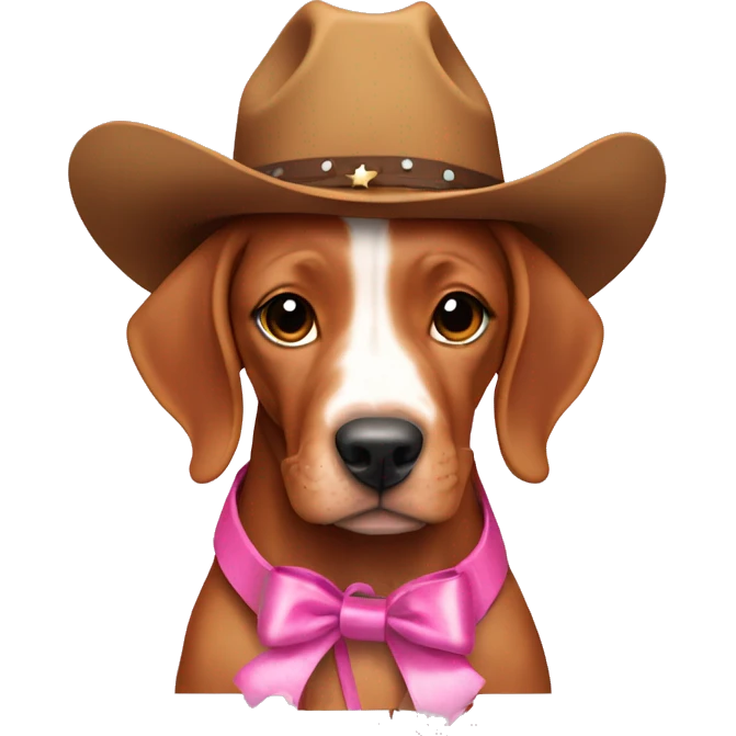 A female vizla puppy with a pink ribbon around her neck and cowboy boots on emoji