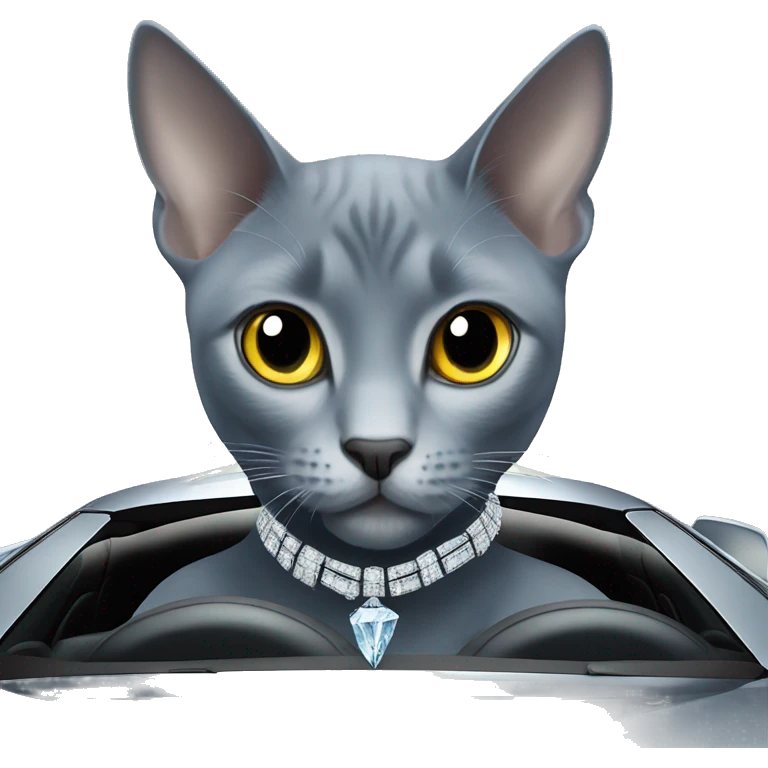 Russian Blue wearing a diamond necklace driving a Lamborghini  emoji