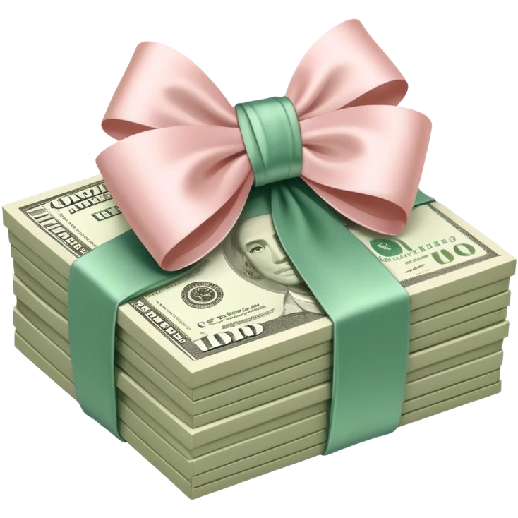 Pink aesthetic Neat money stack tied with a blush satin bow, muted green $100 bills, soft luxury rich  emoji