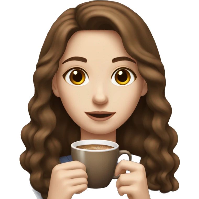 a brown haired girl with pale skin having a coffe emoji