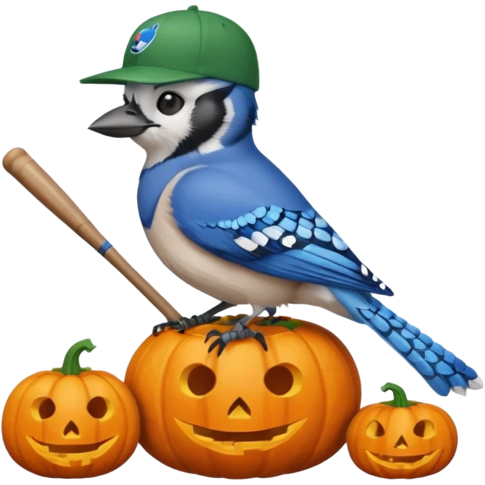 bluejay sitting on Halloween pumpkin wearing bluejay baseball hat holding a bat emoji