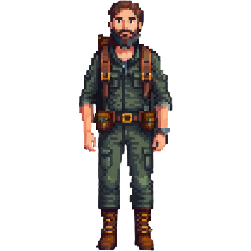 bearded man explorer with full body and detailed face, standing in fog emoji