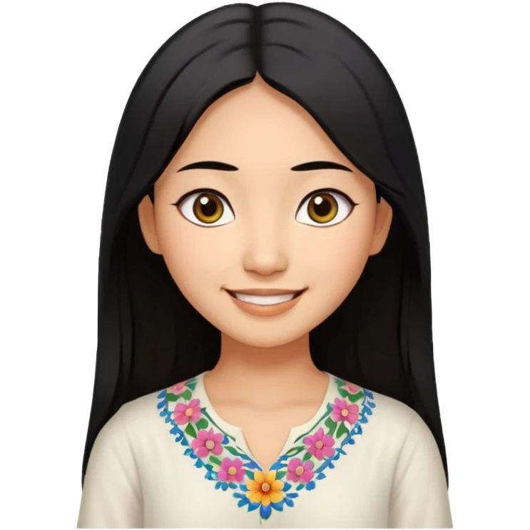30 yr old asian woman center parted hair big eyes big smile tanned skin straight black hair hippie part hair white blouse emoji