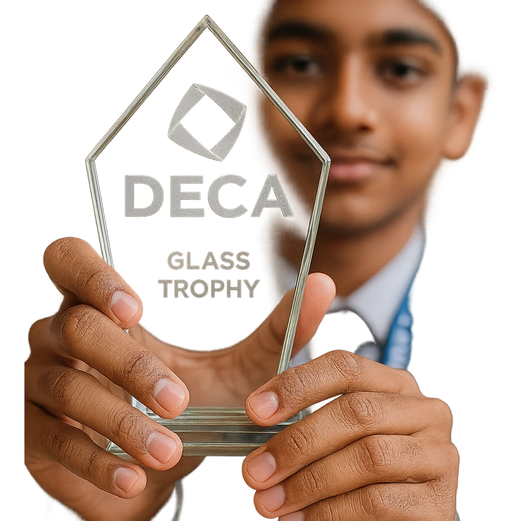 Close-up of an Indian teenage boy's hands holding the official DECA glass trophy, showing intricate details and etching of the trophy. Background blurred, focusing on trophy and boy's hands, with a hint of DECA lanyard visible. emoji