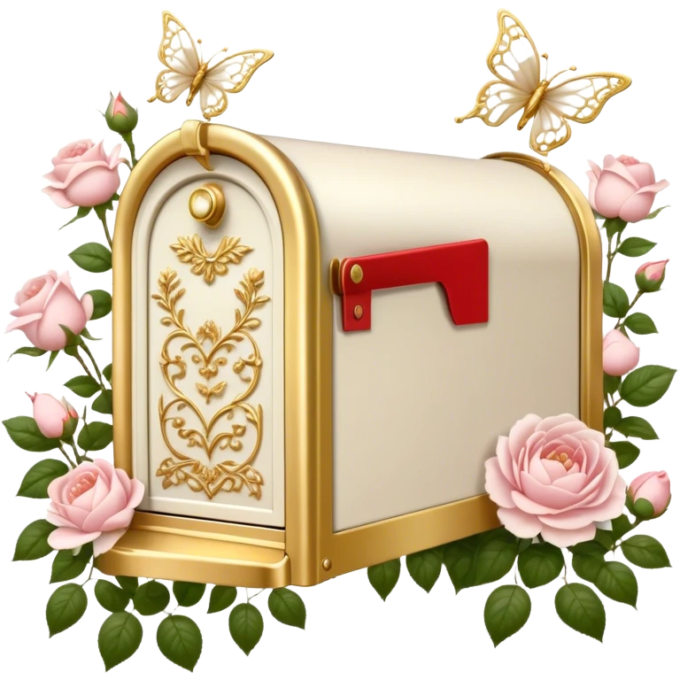 A vintage-inspired letterbox scene, where an old-fashioned ivory mailbox with golden filigree stands in a blooming rose garden, overflowing with love letters adorned with pressed blush roses and white peony petals, with pearl butterflies fluttering nearby. emoji