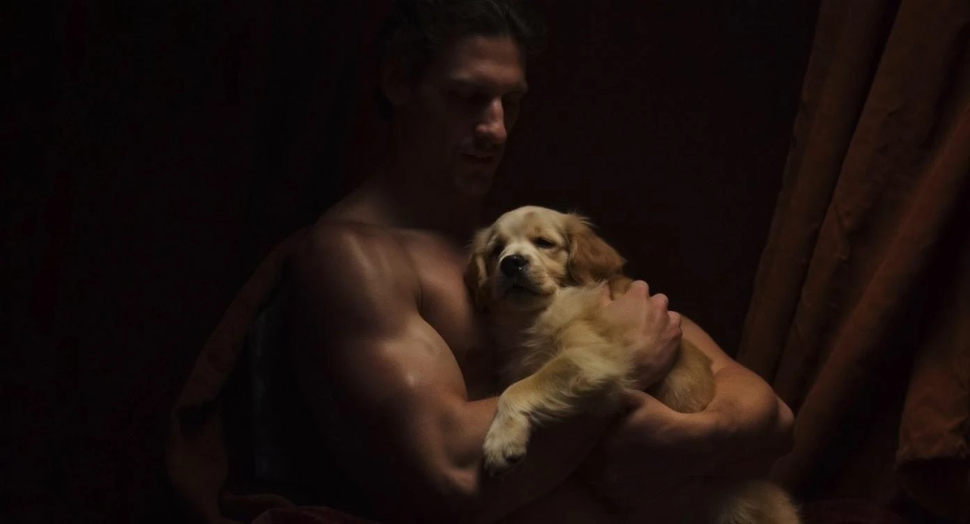 Photo of a musculated man holding puppy golden retriver, low key light emoji