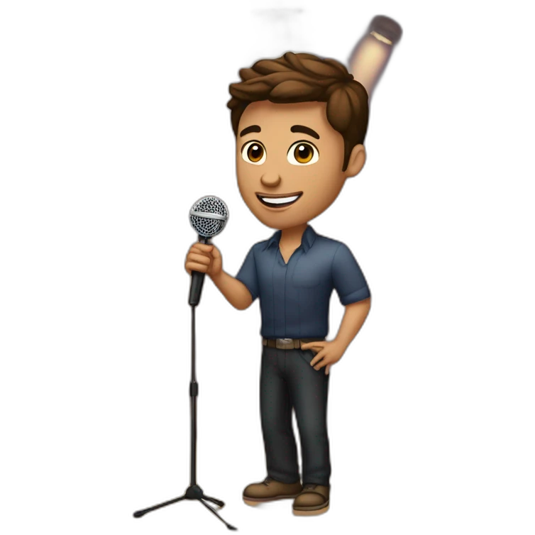  men with brown hair and light skin with microphone stand in front of him with show spotlights on a stage and many lights and spotlights on a raised theater stage emoji