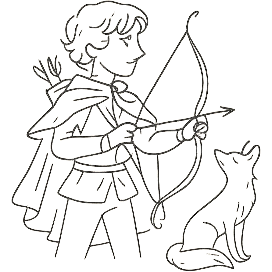 archer and fox together, hand drawn outline, delicate fairytale, inspired by 'Once Upon a Broken Heart' emoji