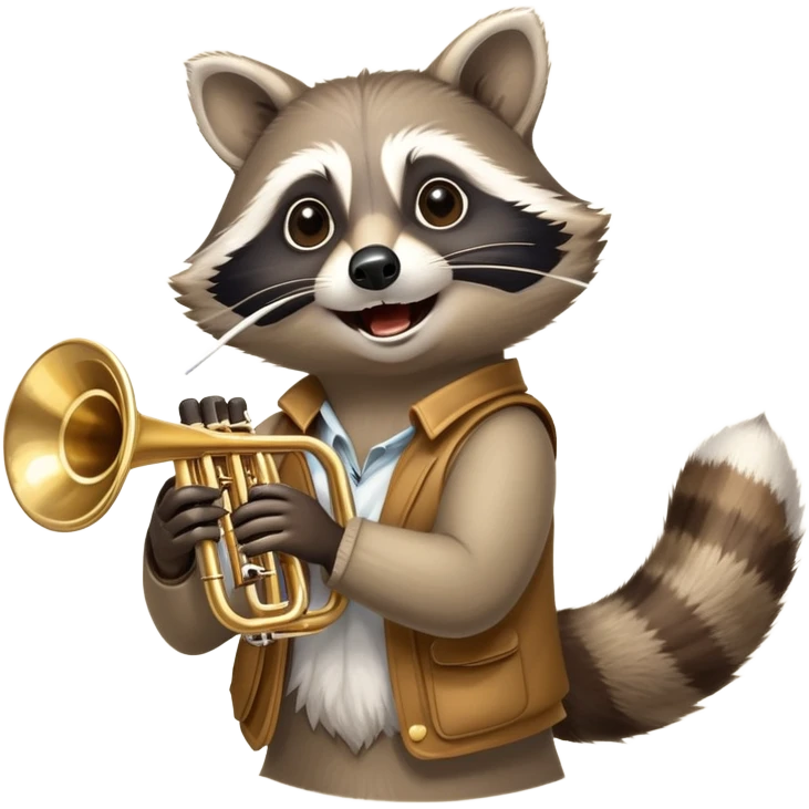 Create an image of a raccoon joyfully playing a trumpet. The raccoon is holding the trumpet high in the air, with its face tilted upwards as it blows into the instrument. Capture the lively expression on the raccoon's face and the dynamic movement of the trumpet, set against a vibrant background that enhances the playful atmosphere emoji