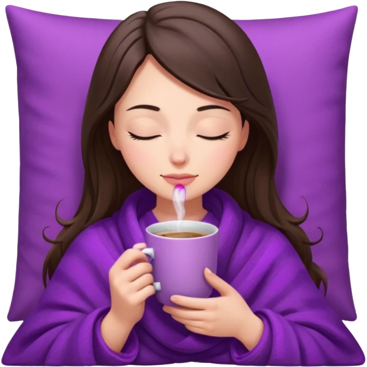 girl brunette inside a violet blanket sipping coffee from pink mug eyes closed iphone style emoji