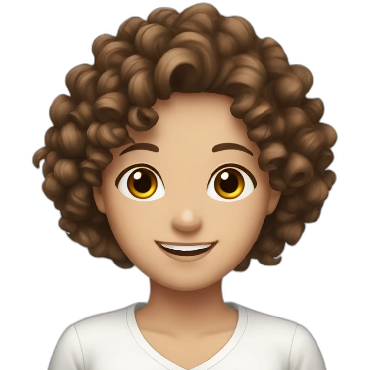 curly hair, brown hair, women, brown eyes, white shirt, smile, emoji