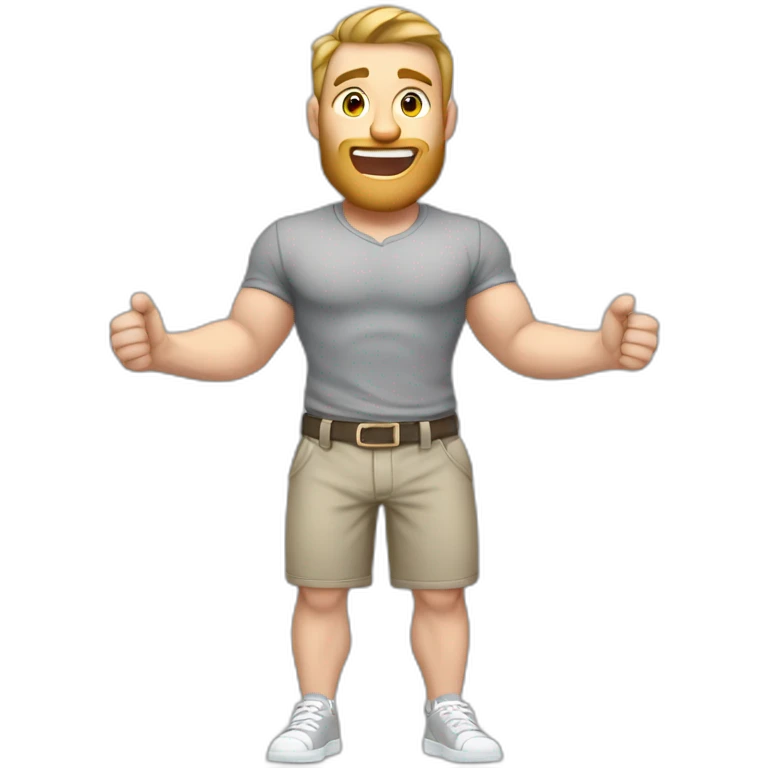 To belt Actively gesturing with hands Pale skinned Fit Man With the biceps and light brown hair in gray shirt, gray oversize sports shorts and white Sneakers emoji
