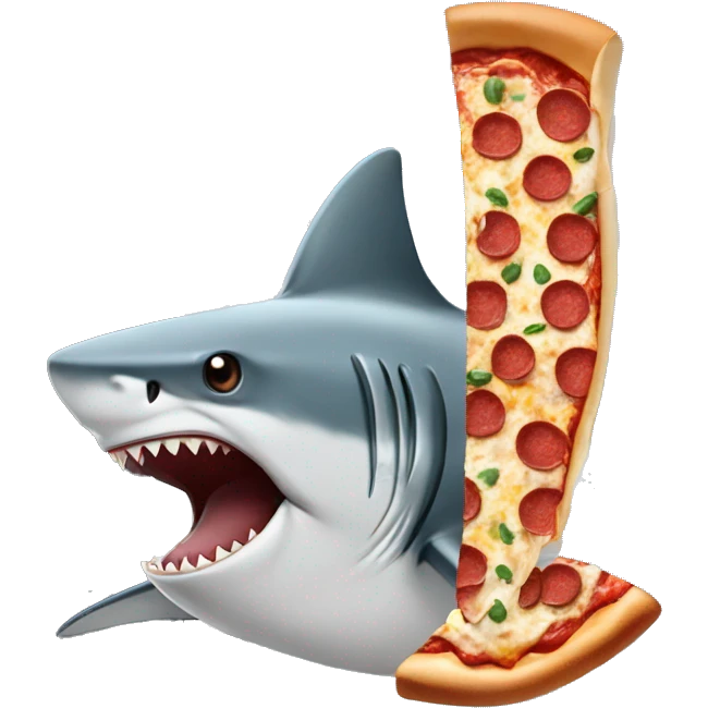 SHARK WITH A DRESS EATING A PEPPERONI PIZZA NEXT TO A SKYSCRAPER emoji